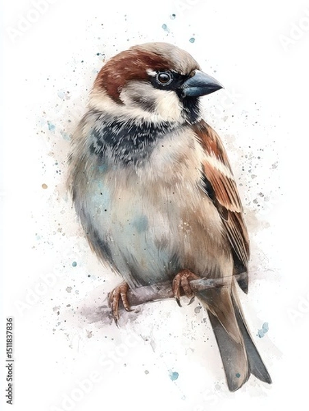Obraz A beautifully illustrated sparrow sits on a branch with intricate feather details. The background features soft splashes of color, enhancing the birds vibrant appearance.