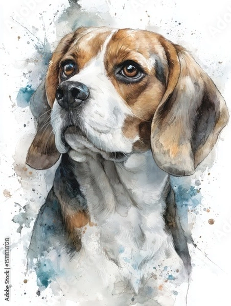 Obraz A detailed watercolor depiction of a beagle showcases its distinctive features and expressive eyes. The artwork highlights the dogs soft fur and personality with a splash of vibrant colors.