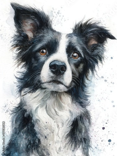 Obraz A beautifully detailed watercolor painting of a border collie, highlighting its expressive eyes and distinctive fur patterns. The artwork captures the dogs lively and intelligent demeanor.