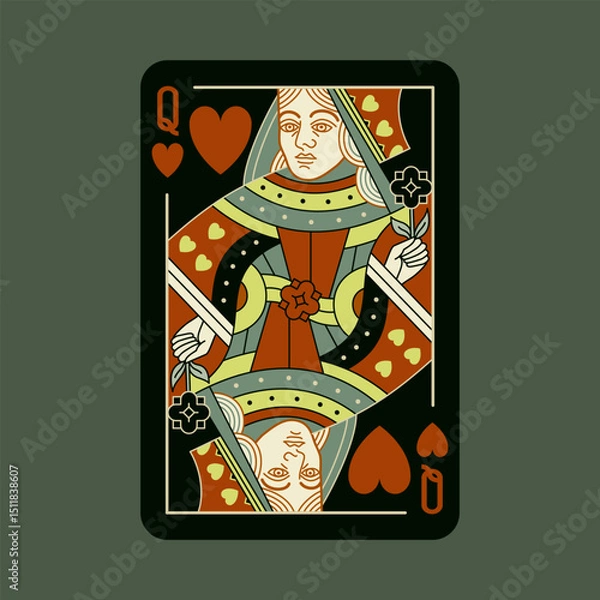 Fototapeta Queen of Hearts, playing poker card in black design. Isolated vector illustration. Editable stroke lines.