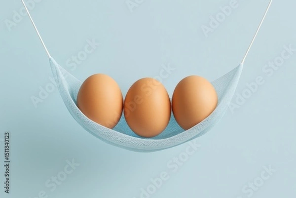 Fototapeta Three Brown Eggs Relaxing in Light Blue Hammock Conceptual Still Life of Fresh Eggs in a Minimalist Setting