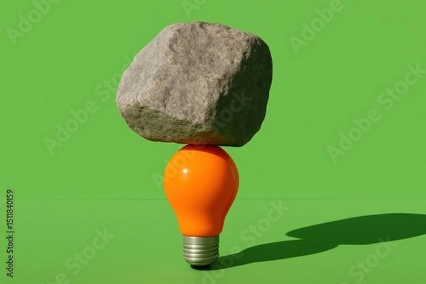 Fototapeta Unusual Rock Balancing Depicts Innovation Heavy rock carefully balanced atop a bright orange lightbulb against a vibrant green background, symbolizing ideas overcoming obstacles.