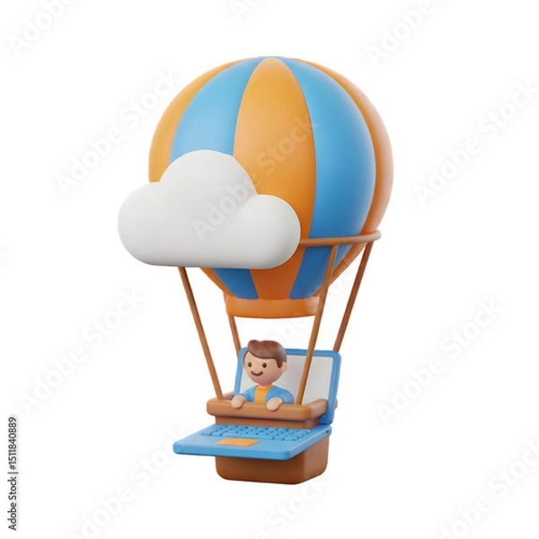 Obraz 3D Hot Air Balloon with Person & Laptop - Remote Work, Cloud Computing, Travel, Online Business, Freedom Graphic, Isolated, Generative AI