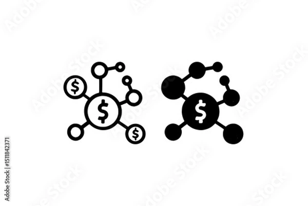 Fototapeta Two dollar sign icons connected by lines and circles on white  isolated on transparent background, no background