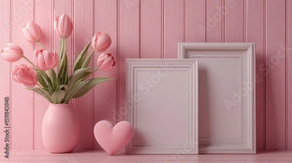 Obraz Elegant Pink Still Life with Tulips, Heart, and Picture Frames on Shelf