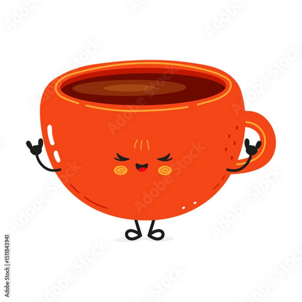 Obraz Orange cartoon Coffee Cup character with funny face showing rock gesture with hands, winking and sticking out tongue