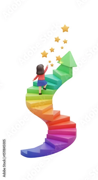 Obraz 3D Person Walking Rainbow Staircase to Stars - Progress, Success Journey, Personal Growth, Aspiration, Achievement Concept, Generative AI