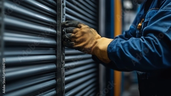 Obraz Industrial Worker Inspecting and Adjusting a Rack of Pipes in a Warehouse