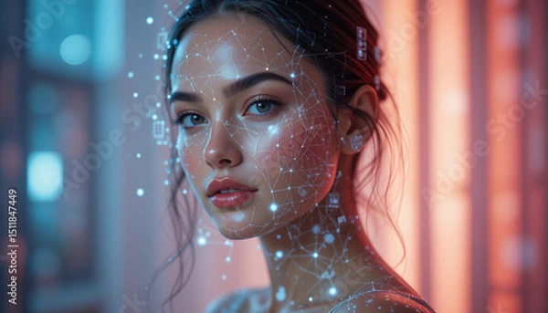 Obraz Woman's Face with Glowing Network Overlay Represents Future Technology Concepts