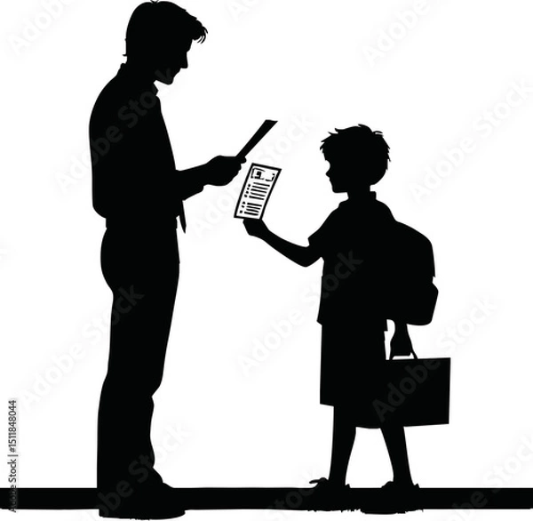 Fototapeta Silhouette of student receiving a report card from teacher vector isolated
on a white background