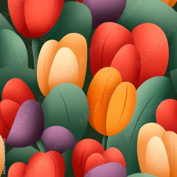 Obraz Stylized Seamless Tulip Pattern Red, Orange, Yellow, and Purple Blooms on Green Foliage