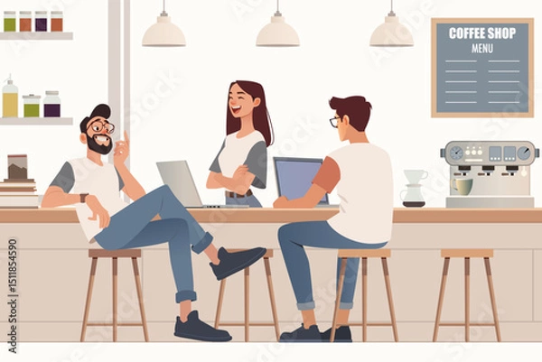 Fototapeta Flat vector illustration of a diverse business team working remotely at a coffee shop with laptops