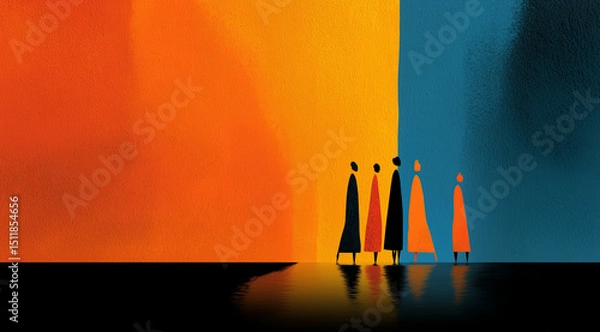 Fototapeta Unity in Diversity Abstract Art, People Illustration with Earth Tones and Gradient Backdrop