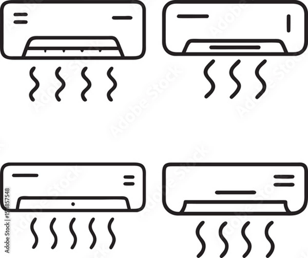 Fototapeta Simple vector illustrations depicting various air conditioner designs and airflow representations in black and white