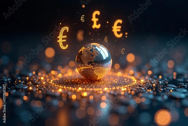 Fototapeta A Tiny Metallic Core Enveloped by Holographic Currency Symbols in Motion — Expressing Global Financial Interdependence in the Digital Age, AI-generated