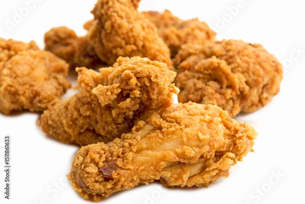 Obraz Crispy deep-fried chicken pieces with golden crunchy coating on white surface