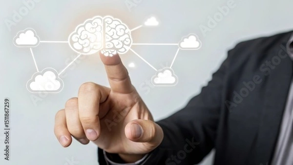 Obraz Interactive digital brain concept with cloud connections and a hand gesture.