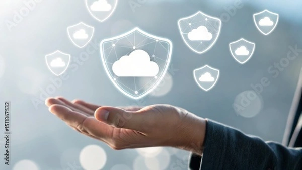 Obraz A hand reaching out with digital cloud icons representing technology and security.