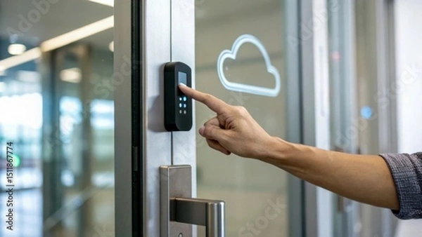 Fototapeta Hand using a digital keypad to access a secure entrance door.