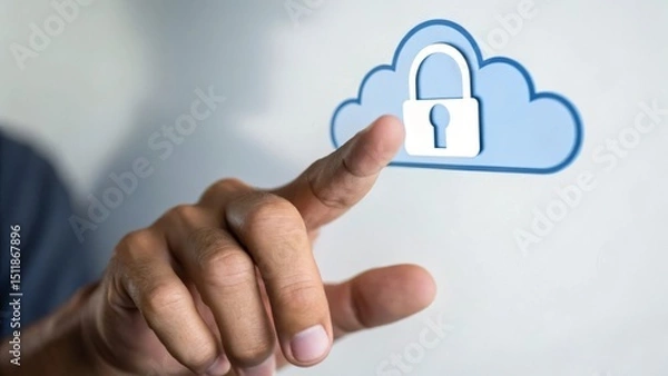 Obraz Cloud security concept with a hand interacting with a locked cloud icon.
