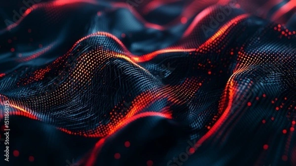 Obraz Abstract wave pattern with glowing red lights and intricate grid design details