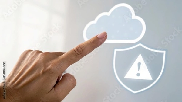 Fototapeta A hand interacting with a cloud icon and a warning shield, symbolizing digital security.