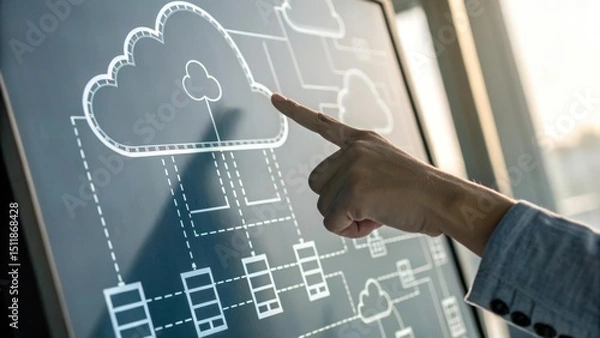 Obraz User interacting with a touchscreen displaying cloud technology visuals.