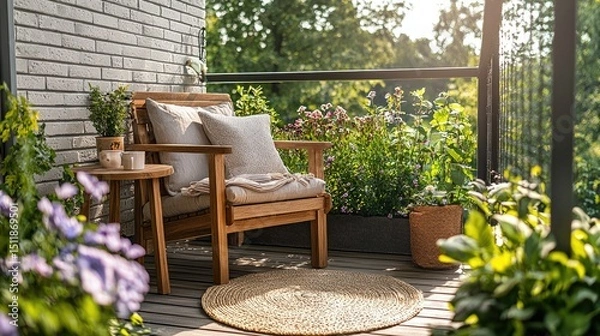 Fototapeta Cozy Wooden Armchair on a Charming Balcony Surrounded by Greenery