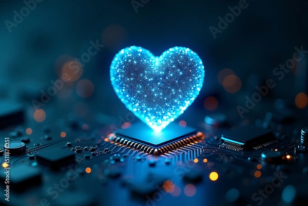 Fototapeta Holographic heart.Close-Up of a Glowing Holographic Heart Hovering Over a Circuit Board, Representing the Fusion of Emotion and Technology in Digital Healthcare Innovation, AI-generated