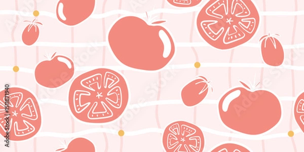 Fototapeta Seamless tomatoes pattern in hand-drawn doodle illustration style, pastel red colors on a pink and white plaid background and yellow dots. Veggie Time! Series.