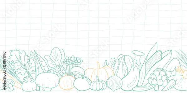 Fototapeta Seamless mixed vegetable pattern in hand-drawn doodle illustration style, pastel green and yellow outline with green grid on a white background. Veggie Time! Series.