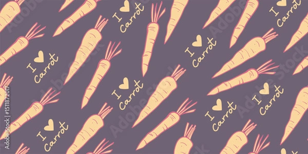 Fototapeta Seamless carrot pattern in hand-drawn doodle illustration style, pastel pink outline with orange plain on a pastel purple background . Veggie Time! Series.
