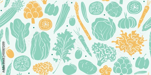 Fototapeta Seamless mixed salad vegetable pattern in silhouette illustration style, pastel green and orange solid on a pastel green background with green dots. Veggie Time! Series.
