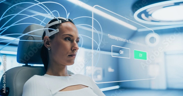 Fototapeta Woman Using a  Neural Headset in a Futuristic Lab, Interacting With a Holographic Interface Displaying 'yes' and 'no' Options, Advanced Technology and Immersive Digital Experiences