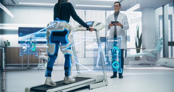 Fototapeta Woman Wearing Exoskeleton Uses a Treadmill for Physical Therapy, Monitored by Doctor. Advanced Neuralink Technology, Holographic Data Interface Shows Futuristic Healthcare and Rehabilitation Progress