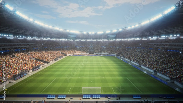 Fototapeta Day Aerial View of a Soccer Stadium During a Championship Match. Field Is Surrounded by Enthusiastic Fans. Big Event with Happy Crowd. Realistic 3D Animation