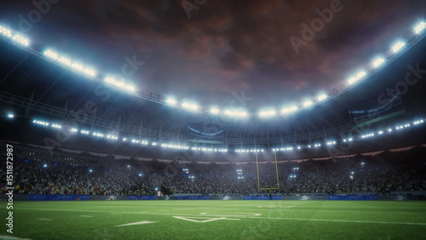 Fototapeta American Football Stadium at Evening. Field, Goalposts, and a Sea of Enthusiastic Fans Are Visible. Professional Game Championship. Shot Across Field