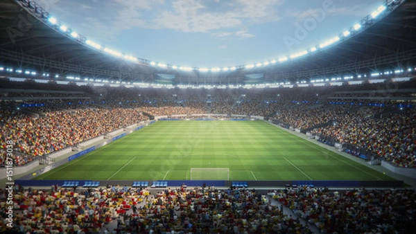 Fototapeta Day View of a Massive Soccer Stadium Filled With Spectators. Arena Is Packed With Fans Surrounding the Pitch, With a Goal Visible. Behind the Goals Wide Shot