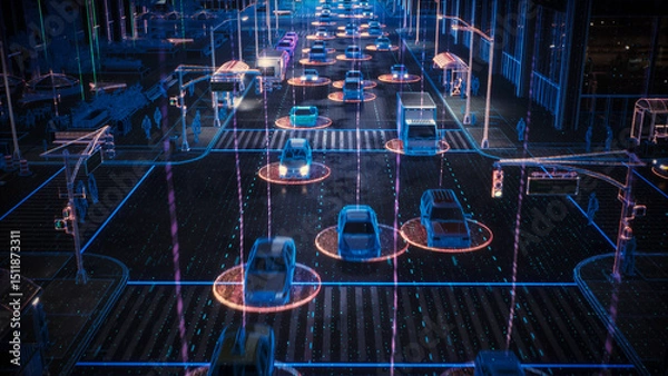 Obraz Futuristic City Intersection at With Cars on Glowing with Information. Neon Grid Lines and Digital Pathways Visualization of Data Transfer. Autonomous Cars Navigate the Complex Traffic System