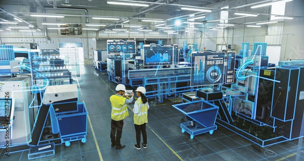 Fototapeta Two Engineers in Safety Vests Use a Tablet to Interact With Holographic Data in a High-tech Factory, Activate AI Facility Analysis, Advanced Machinery, Digital Interfaces, Futuristic Manufacturing