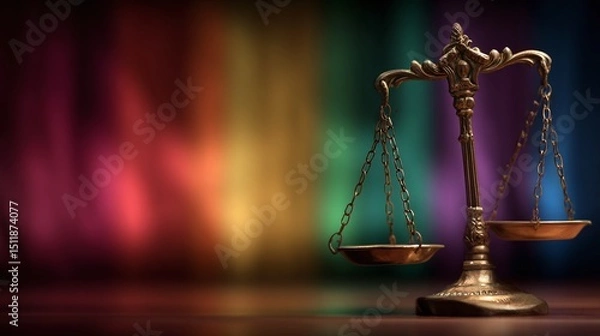 Obraz Scales of justice positioned against a blurred rainbow flag, symbolizing LGBTQ+ rights and the pursuit of equality and fairness in legal systems. : Generative AI