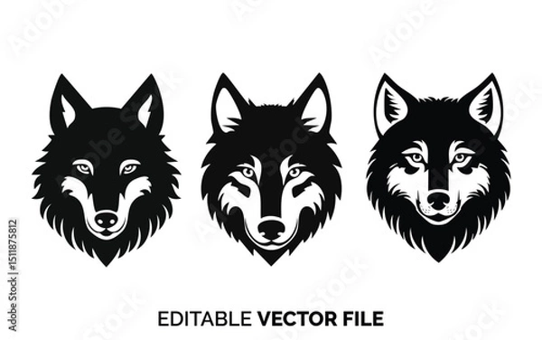 Obraz Majestic Wolf Head Silhouettes Vector Pack, Wild Animal Logo Design Elements, Editable Digital Graphics for Branding and Merchandise