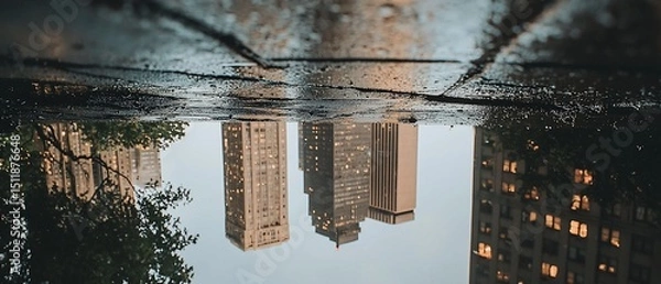 Fototapeta Cityscape reflection captured in a puddle on urban pavement, creating unique perspective