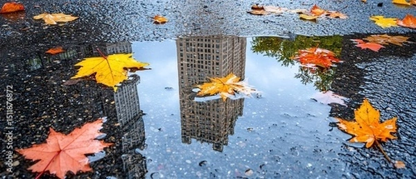 Obraz Autumn reflection: Cityscape mirrored in a rainwater puddle with fallen leaves