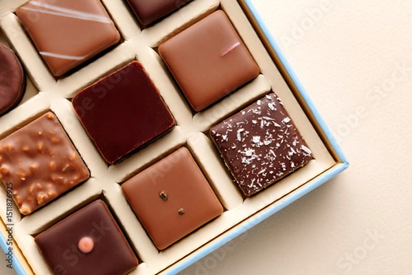 Fototapeta Minimal flatlay of open box with chocolate squares on beige background, elegant candy dessert packaging mockup concept