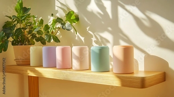 Obraz A lineup of silicone-coated vases in pastel rainbow colors (mint, blush, peach, lilac), arranged on a floating wooden shelf,