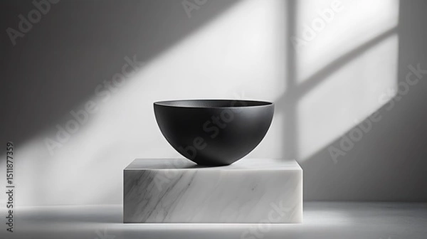 Obraz A matte black ceramic vase with sharp faceted surfaces and a sleek angular silhouette, placed on a marble pedestal in a minimalist studio with soft directional lighting casting geometric shadows.