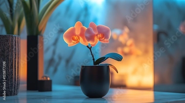 Obraz A matte black minimalist vase with internal LED lighting in soft blue, illuminating a small orchid stem, placed in a luxurious modern bathroom with marble and brushed metal accents.