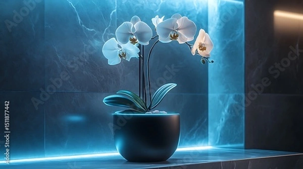 Obraz A matte black minimalist vase with internal LED lighting in soft blue, illuminating a small orchid stem, placed in a luxurious modern bathroom with marble and brushed metal accents.