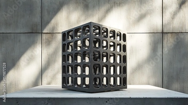 Obraz A matte black steel grid-structured vase in a square form, composed of interlocking frames, showcased on a concrete slab against a raw industrial wall,